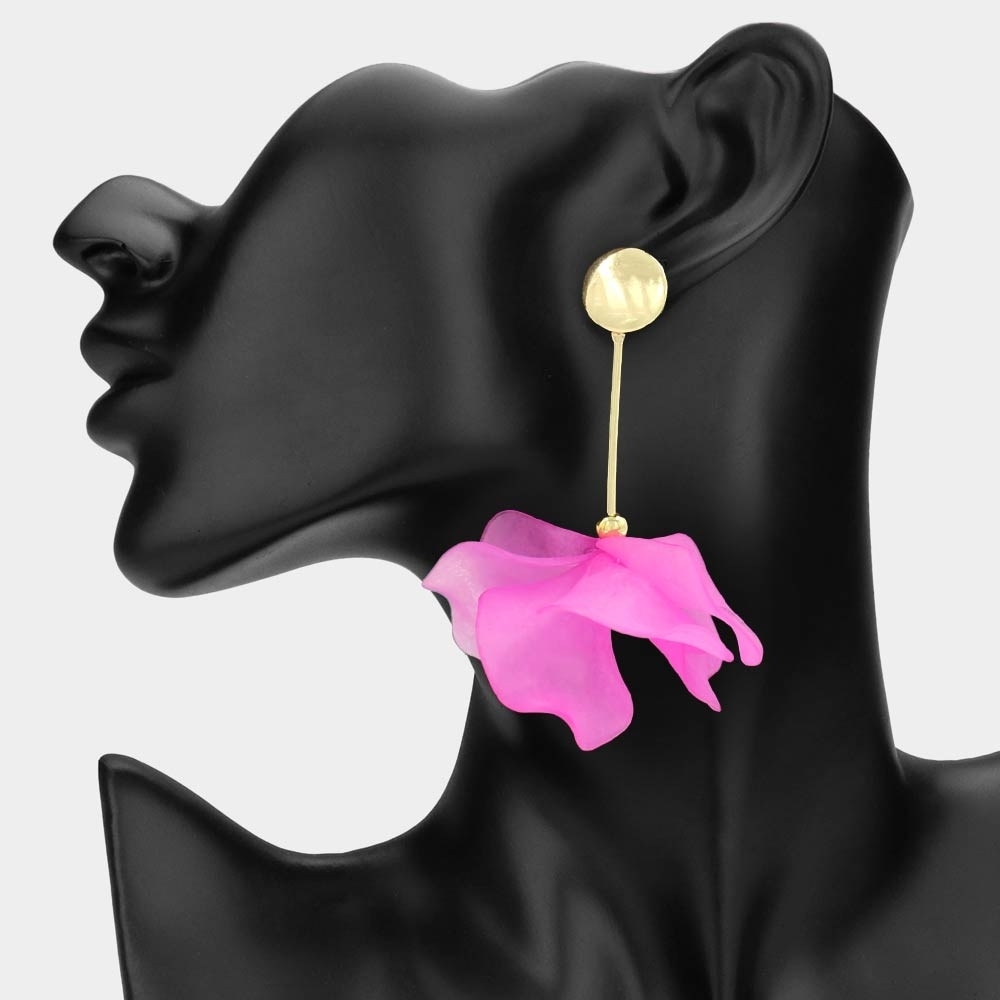 Pink Floral Petal Link Dangle Earrings 3.25 Inch Tear Drop Statement Jewelry